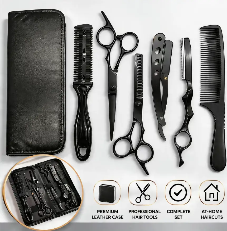 Wango 6PCS Professional Black Barber Haircutting Kit for Adults - Unscented hair care equipment with stainless steel blades, thinning shears, razor comb, texturizing tools, lightweight volumizer for salon & home use straight tooth accessory