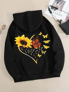 Women's Comfortable Sunflower Butterfly Printed Hoodie - Soft Long Sleeve Pocket Hoodie, Casual Winter Warmth, Machine Washable