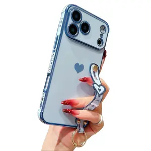 Heart-Shaped Wristband Stand, Electroplated Solid Simple Protective Cover for Apple 17PM, 16PRO, 15 Phone Cases