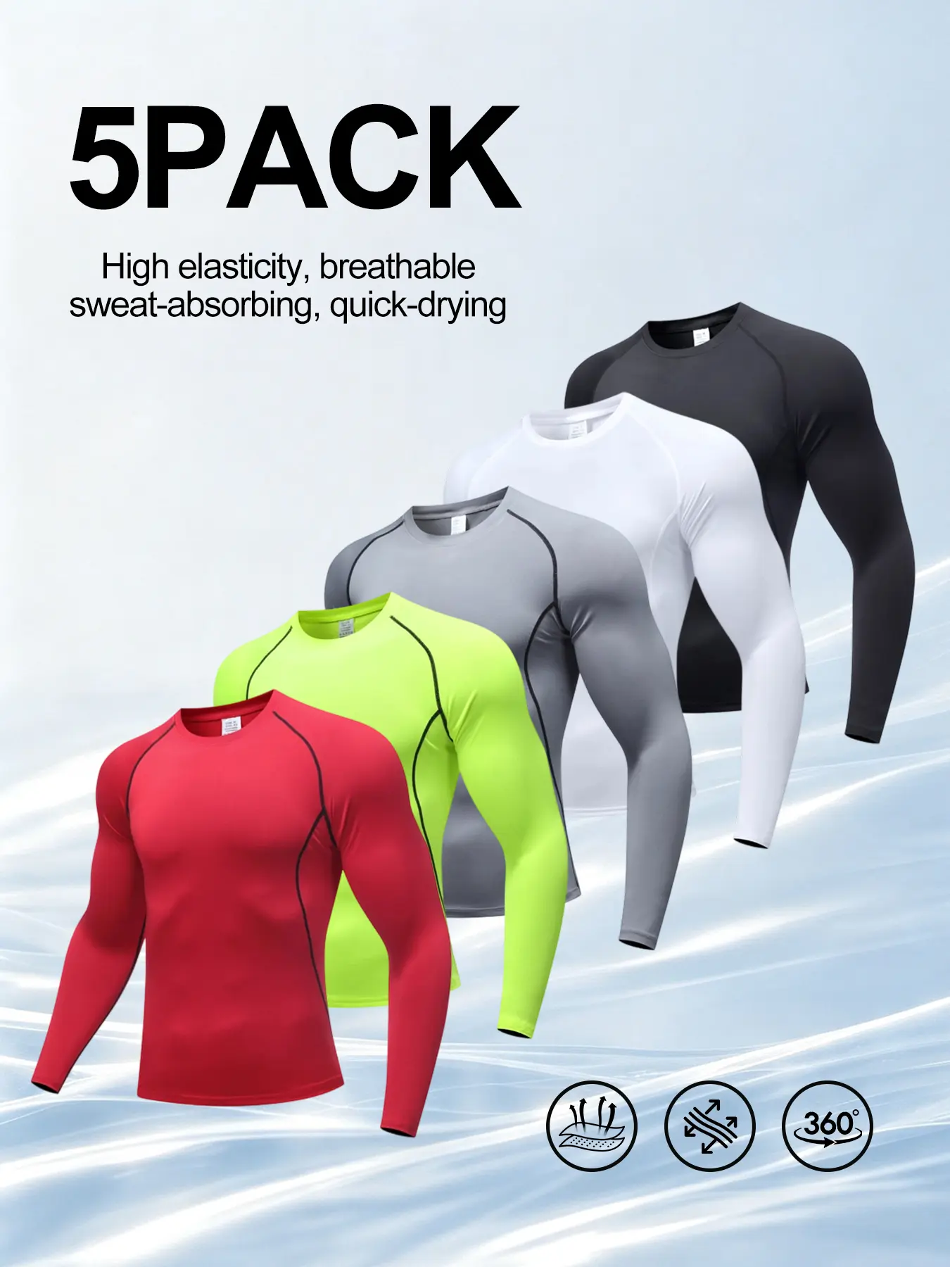 Men’s Compression Long Sleeve Shirts 5 Pack, Quick Dry Athletic Workout Tops, Breathable Sweat Wicking Sweat Absorbing High Elastic Stretch Sport Undershirts Gym Running Cycling Basketball Multi-Sport Base Layer Tees