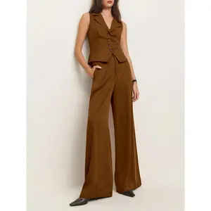 Women's 2-Piece Dressy Casual Matching Vest Set - Summer Button Crop Blazer Vest, Wide Leg Pant Suit, Stylish Elegant Comfortable Fabric Women's Clothes Set