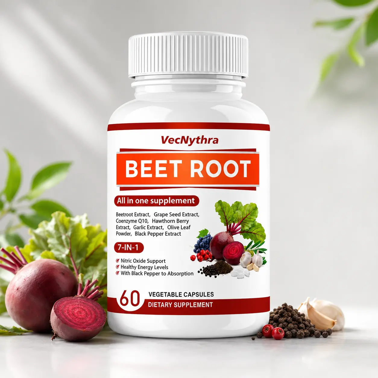 Beet Root Supplement Capsules, Plant-Based Daily Supplement with Beetroot Extract, Grape Seed, CoQ10 & Black Pepper Extract, 60 Vegetable Capsules for Everyday Routine