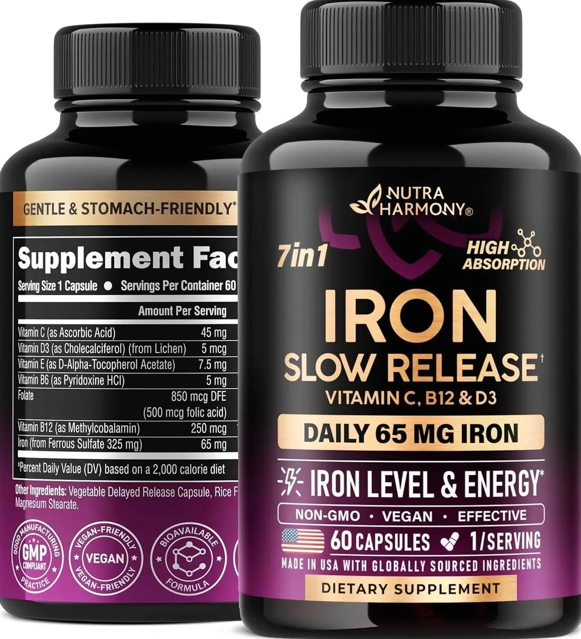 Iron Supplement for Women - Iron 65mg (Ferrous Sulfate 325mg) - 60 Caps | Iron Level & Energy Support - Vitamins C, D3, B6, B12 & Folate - Stomach Friendly, Slow Release, Bioavailable - 60-Day Supply