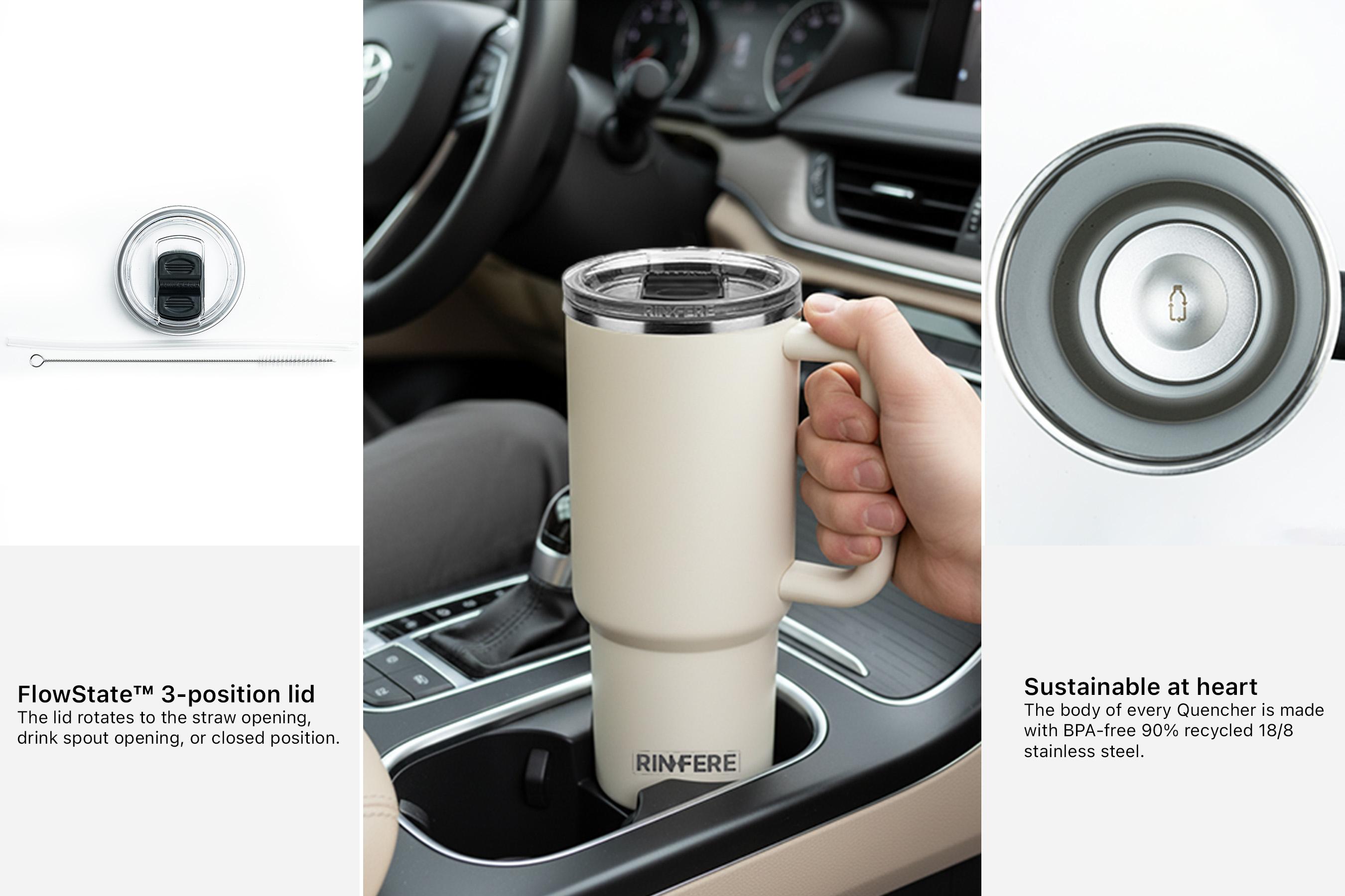 RINFERE Tumbler with Handle, Straw and Slide Lid - 100% Leak Proof, Cup Holder Compatible for Travel - Insulated Stainless Steel Cup - Non-Slip Silicone Pad - BPA-Free (30 OZ)