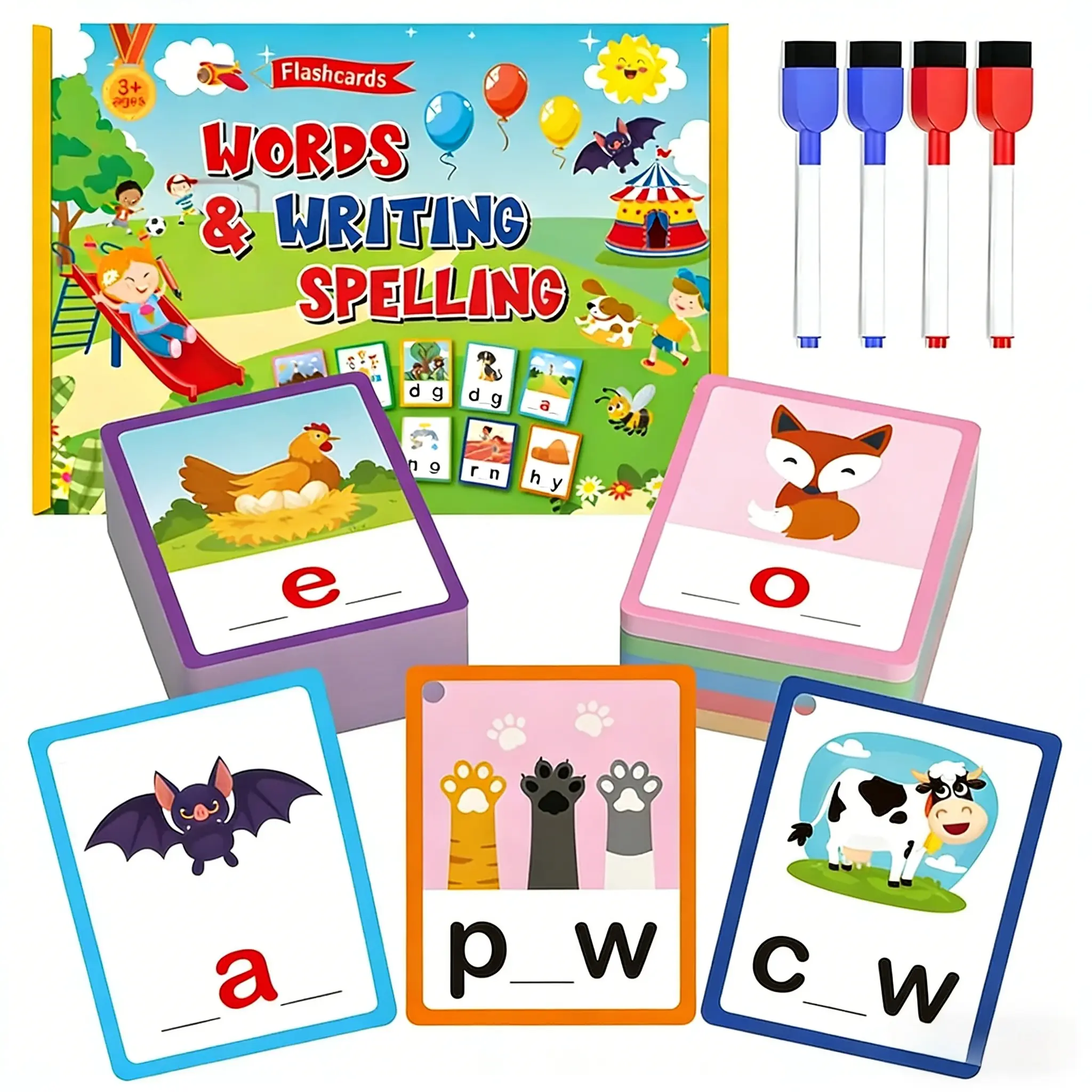 Kids Learning Toys for Toddlers Ages 3-6, CVC Words Flash Cards with Dry Erase Markers, Preschool Phonics Learning Activities, Spelling and Reading Practice Cards, Reusable Writing Cards for Kindergarten Learning, Homeschool Educational Toy