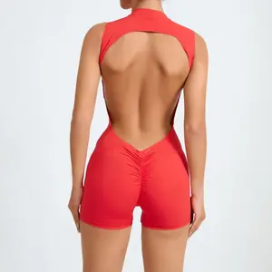 Backless Gym Bodycon Short Jumpsuit Playsuit Women One Piece Sport Outfit Yoga Romper Sexy Fitness Overalls Raises Butt
