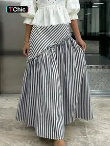 Fashion Loose A-Line Striped Patchwork Pleated Skirt, Versatile Half-Length Dress, Comfortable, Casual and Stylish, Perfect for All Seasons, Maxi, Womenswear, Vintage Sweet Skirt
