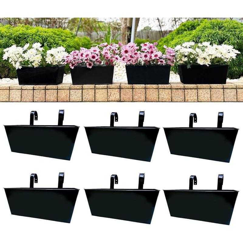 LaLaGreen Rail Planters (6 Pack, 14 Inch) Black Metal Rectangle Strawberry Window Boxes Outdoor Balcony Deck Railing Fence Hanging Flower Herb Pot with Detachable Hook Patio Porch Farmhouse Minimalist