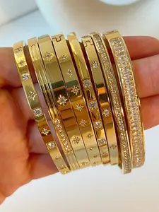 Women's Stainless Steel Stackable Bracelet with Zirconia Inlay, Plated Six-Point Star Clasp Design, Elegant Daily Wear Jewelry