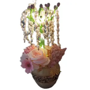 Light-Up Spring Bronze Decorative Floral Arrangement with Pearl Beads and Pink Roses in Elegant Bronze Vase