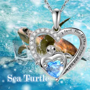 1Pc Creative Elegant Heart Shape Blue Artificial Crystal Turtle Pendant Necklace for Women Exquisite Women Ocean Style Animal Jewelry Stainless Steel Chain Cute Girl Cartoon Accessories Gift for Wife, Mother, Daughter