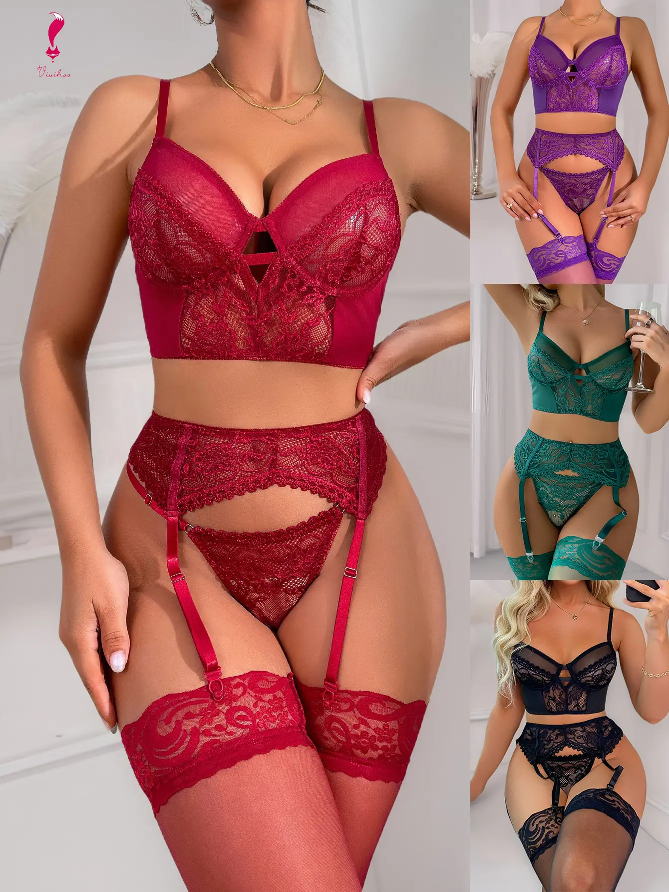 Five piece set of sexy lingerie elegant, romantic, hot and tempting, with a pair of stockings Five piece set of sexy lingerie elegant, romantic, hot and tempting, with a pair of stockings
