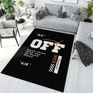 Black Off White Sneaker Letter Print Crystal Velvet Area Rug Non-Slip Bedroom Rug #OffWhiteSneakerRug #StreetFashionDecor #BigLetterCarpet #HypebeastBedroomMat #CrystalVelvetRug