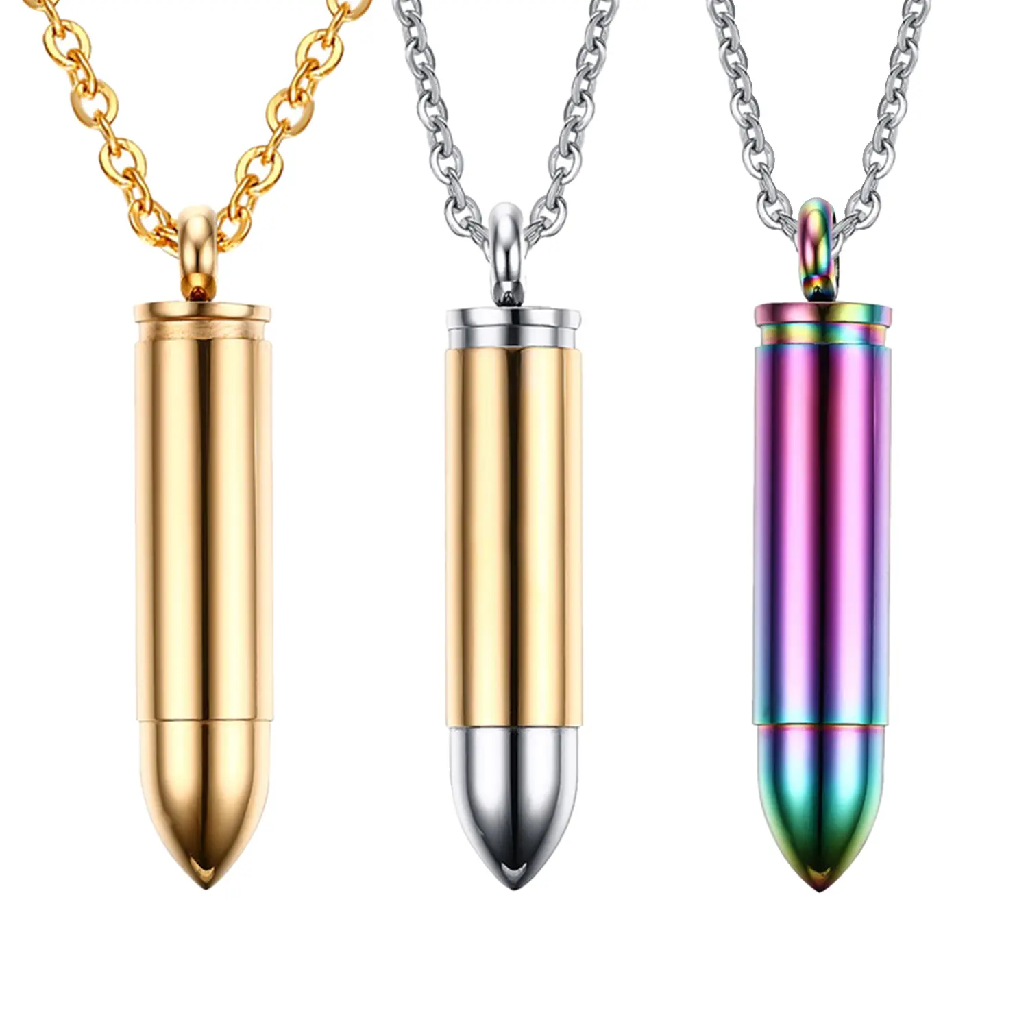 OIDEA Openable Bullet Pendant Necklace for Men - Stainless Steel 3-Color Set, 1.97" Rifle-Shaped Clavicular Cyberpunk Pendant with 21.65" Thin Smooth Metal O-Chain, Rifle-Shaped Pendant Necklaces, Smooth Metal Necklaces