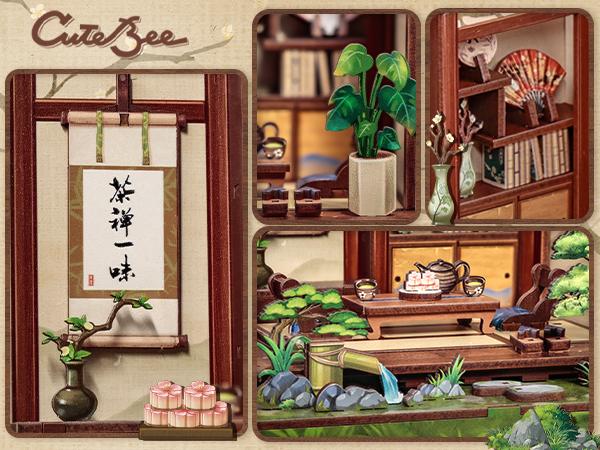 CUTEBEE Kirishima Cha-an Japanese Tea House Book Nook Kit with LED Light 3D Wooden Puzzle Dollhouse for Adults Teens Tiny House Bookshelf Decor Creative Building Block Stem Construction Set