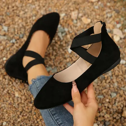 Women's Solid Color Cross Ankle Strap Ballet Flats, Neutral Footwear, Soft Sole Flats, Casual Comfortable Flat Shoes for Daily Wear, Lightweight Breathable Shoes for All Seasons, Lightweight Plain Flats