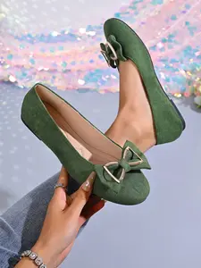 Women's Bow Flat Shoes, Plain Toe Soft Sole Comfortable Casual Footwear, Daily Wear Lazy Shoe Design, Perfect for Everyday Use, Chic Ballet Flats