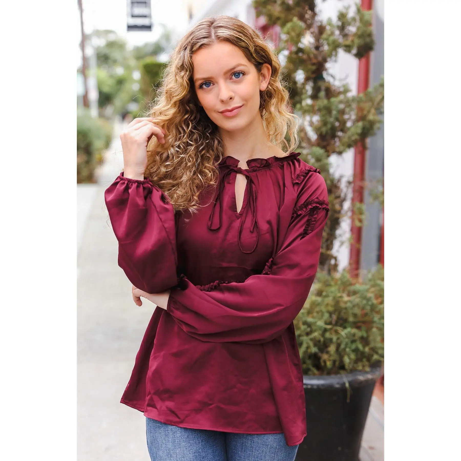 Holiday Vibes Burgundy Frill Detail Tie Neck Satin Top