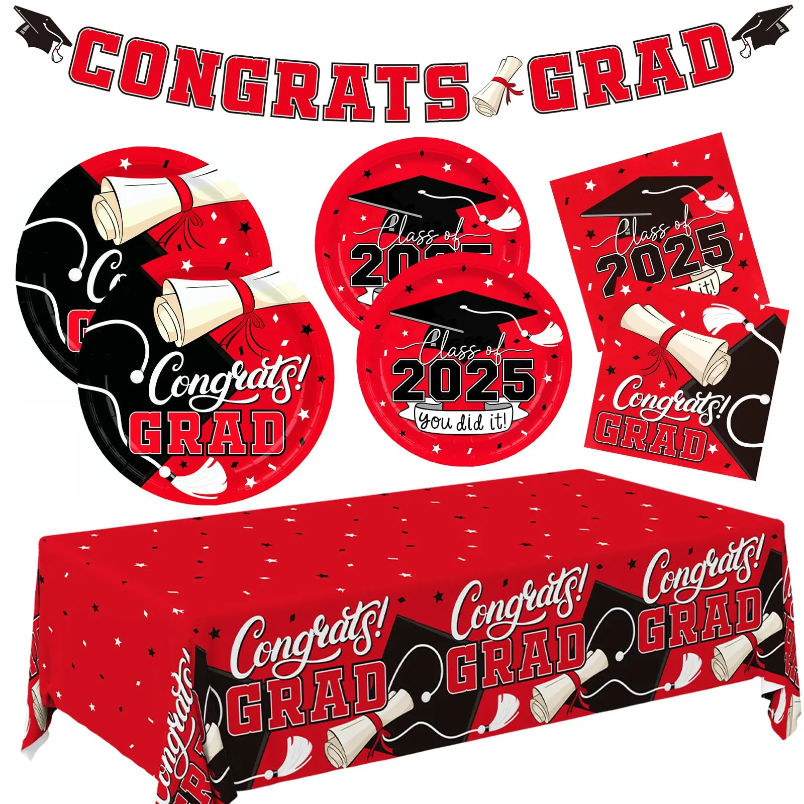 Graduation Decorations 2025 Kit: Grad Party Supplies With Red Disposable Plates  Napkins Tablecloth And Congrats Banner For 25 Guests -