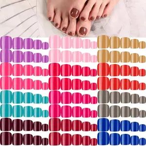 288 Pcs 12 Sets Short Press on Toenails for Women, Square Glossy Fake Toe Nails, Solid Full Cover Colorful Artificial French Tips for DIY Manicure Nail Art(Bright-color Pattern)