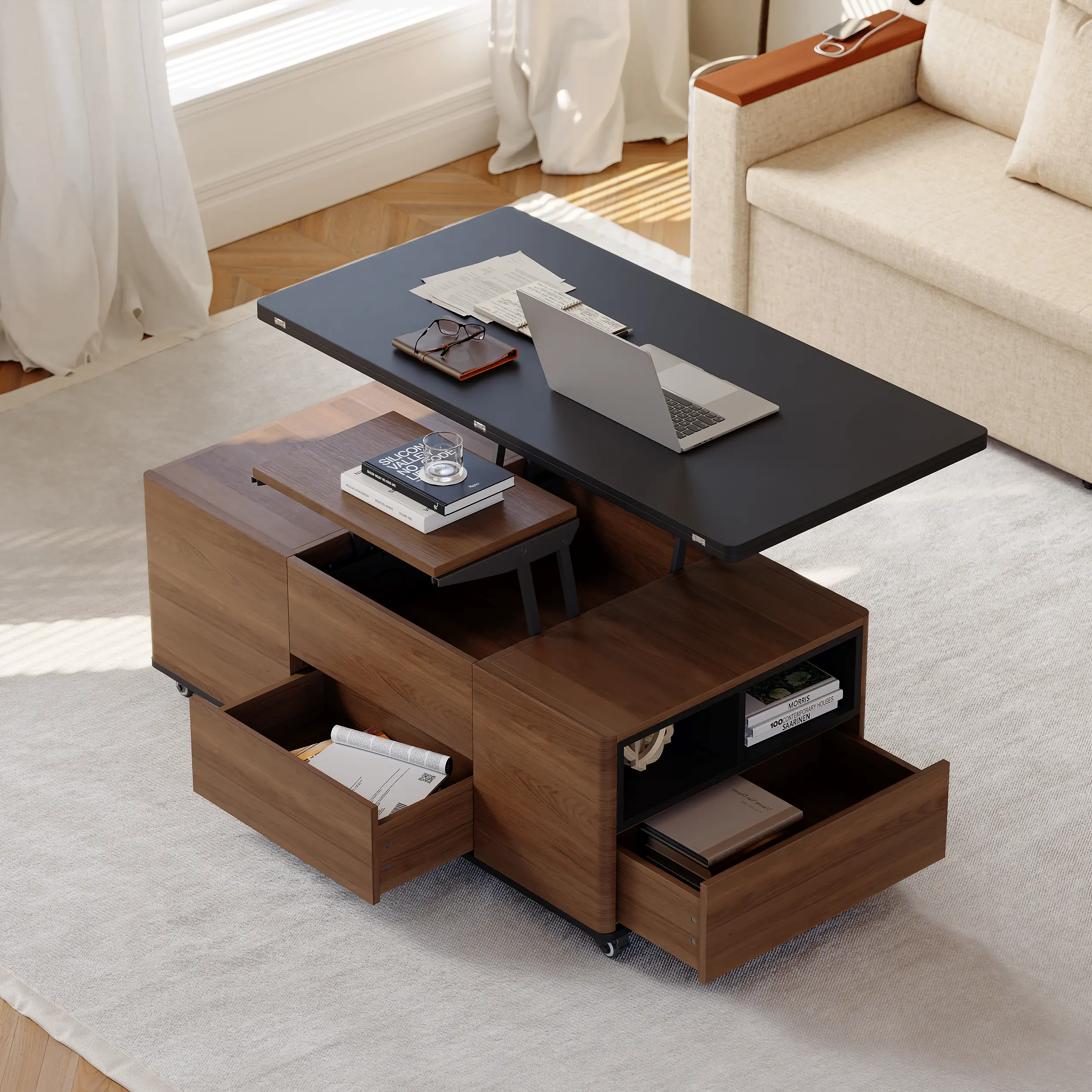 Homary 47" Lift-Top Extendable Coffee Table with Drawers & Cabinet