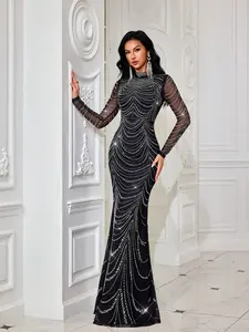 Elegant Black Mermaid Evening Gown High Neck Sheer Sleeve Hotfix Rhinestone Formal Dress for Women's Wear Perfect for Galas Weddings
