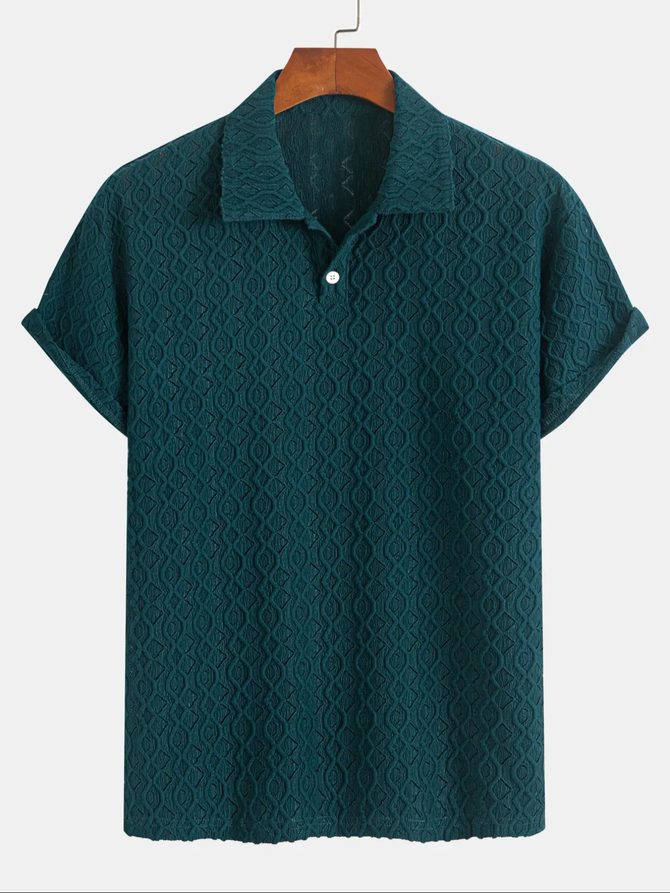 Men's Solid Jacquard Button Front Half Placket Knitted Polo Style Shirt, Regular Fit Casual Breathable Short Sleeve Collared Top for Summer, Men's Clothes for Daily Wear, Collared Polo Shirts, Summer Polos