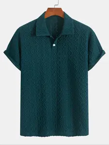 Men's Solid Jacquard Button Front Half Placket Knitted Polo Shirt, Regular Fit Casual Breathable Short Sleeve Collared Top for Summer, Men's Clothes for Daily Wear