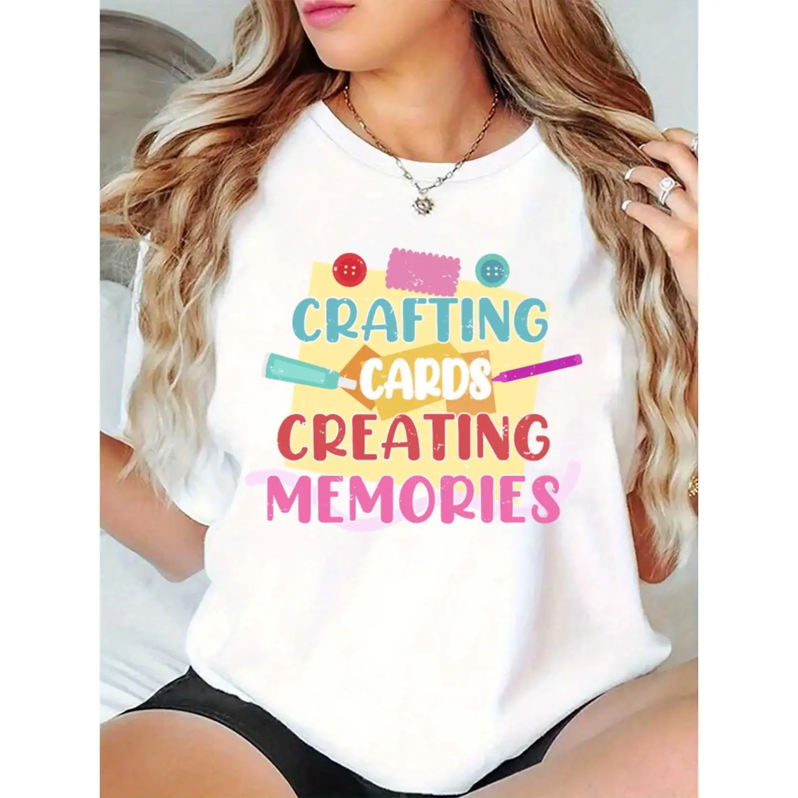 Women's Crafting T-Shirt with Sewing Elements (Buttons, Needle, Thread) & "Crafting Cards Creating Memories" Quote | Casual DIY Craft Lover Tee for Daily, Craft Parties, Hobby Enthusiasts