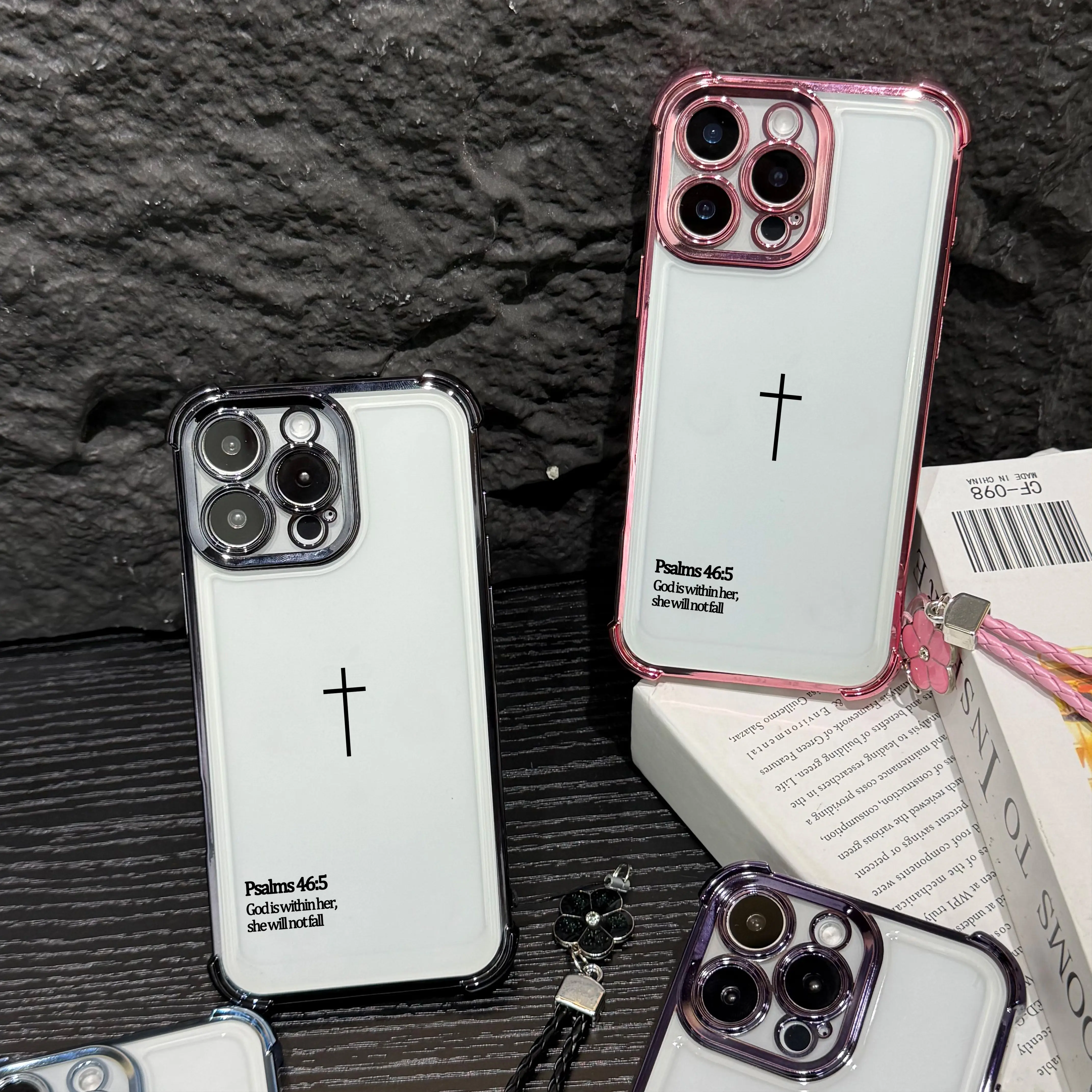 Psalms 46:5 Quote Phone Case for iPhone Samsung Galaxy 17Pro Max Air 16 15Plus 14 13 12 11 XR XS S25 S24 S23 S22 Cases Empowering Scripture Verse Pattern All Seasons Durable Bumper with Strap White Silver Minimalist Art Cellphone Protective Casing