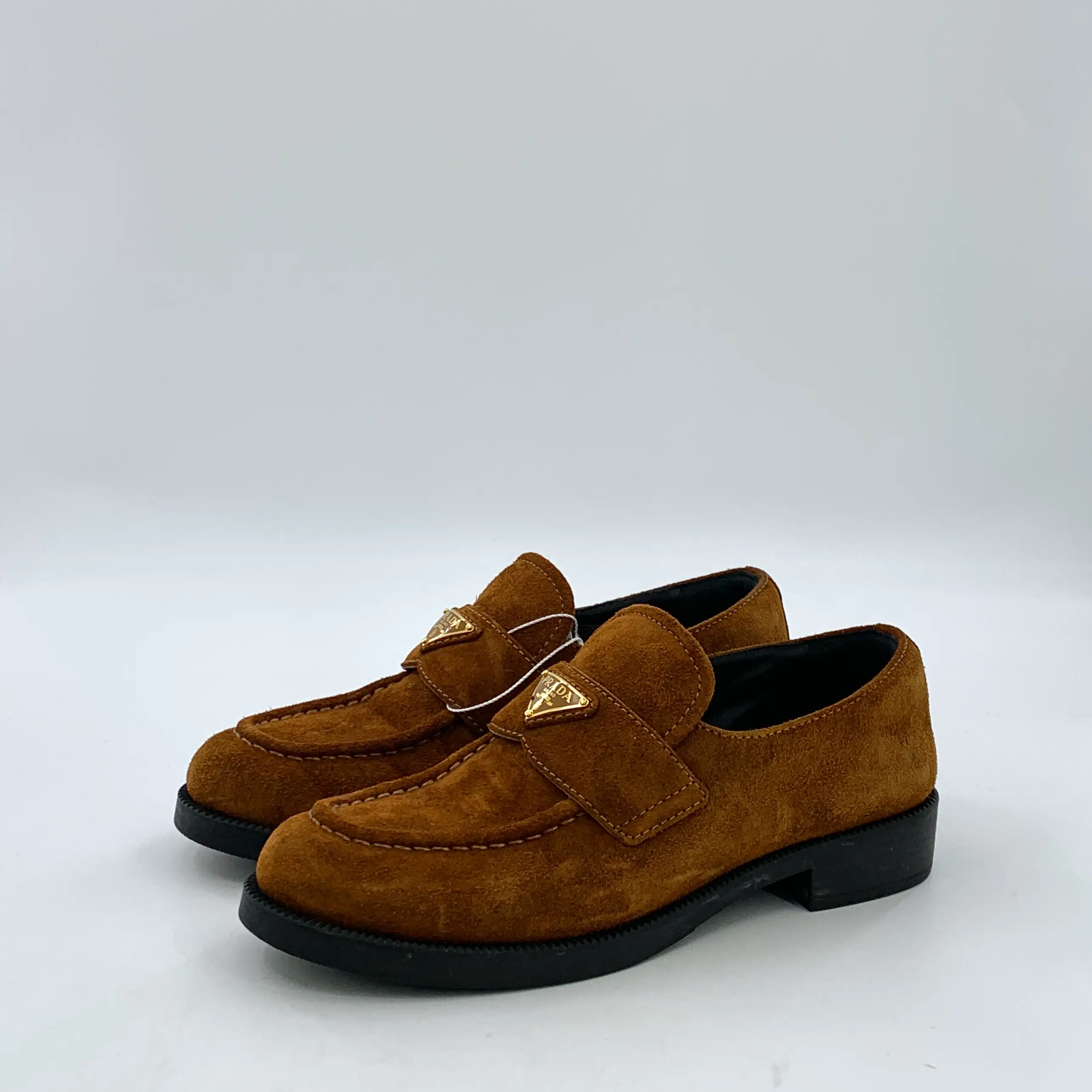 RDLT-Prada Size 35.5 Dark Brown Suede Triangle Logo Flat Loafers-H35386
