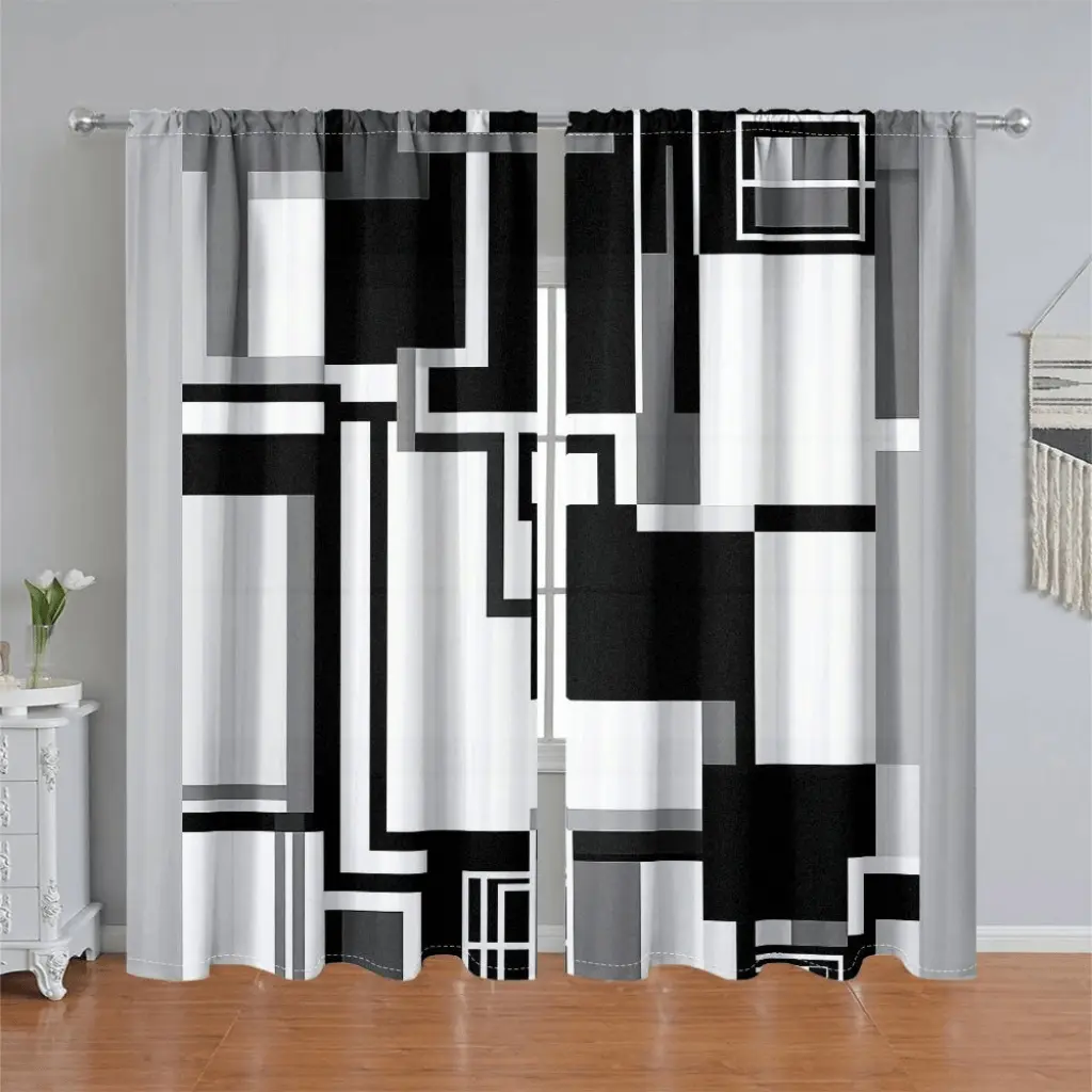 2Pcs Modern Geometric Pattern Printed Curtain Panel, Home Decorative Curtain, Abstract Black White Blocks, Pole Pocket Style, Semi-Sunshade, for Home Living Room, Bedroom, Balcony, Kitchen, Study, Shower Window Decoration, Accessory, Anti Privacy.