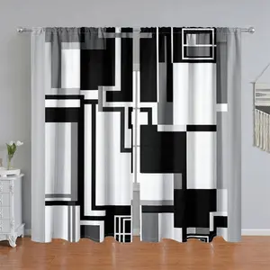 2Pcs Modern Geometric Pattern Printed Curtain Panel, Abstract Black White Blocks, Pole Pocket Style, Semi-Sunshade, for Home Living Room, Bedroom, Balcony, Kitchen, Study, Shower Window Decoration, Accessory, Anti Privacy.