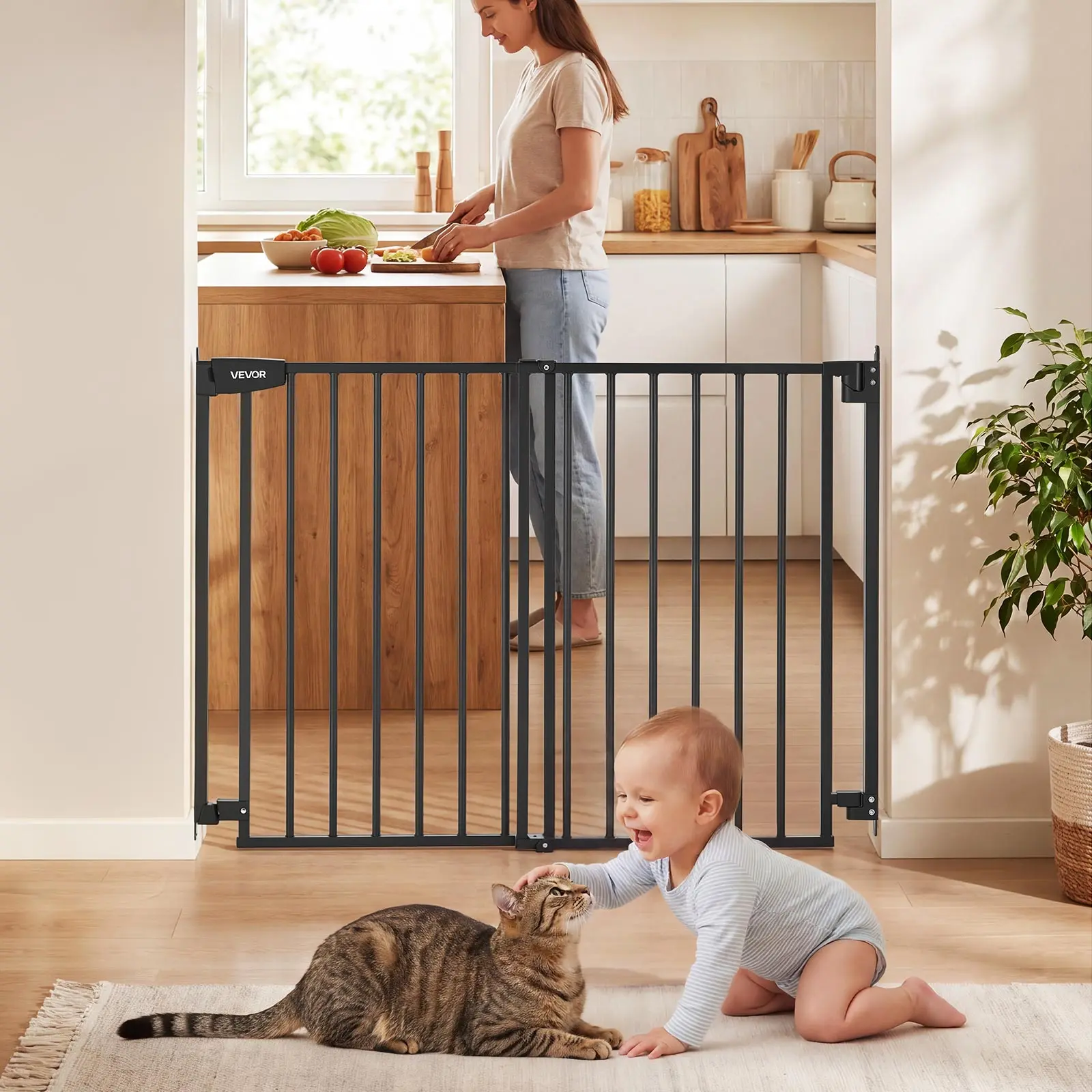 VEVOR Gate for Stairs, 28-43 in Adjustable Width, 36 in High Dog Gate, No Bottom Bar, One-Handed Operation, Easy Drilling Installation with Hardware Kit, for Stairs, Doorways, and House, Black#BacktoSchool