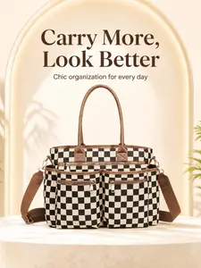 1pc Retro Checkered Tote Bag, Large Capacity Multi-Pocket Shoulder & Crossbody Bag, Casual Organizer Handbag for Travel, Work, School & Daily Use, Stylish Unisex Carryall Tote for Practical Gift Giving