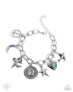 Technical Token - Blue Turquoise Stone Centers Hear and Moon, Peace Sign, Horse, Moon Inside Sun and Bird Charm Bracelet
