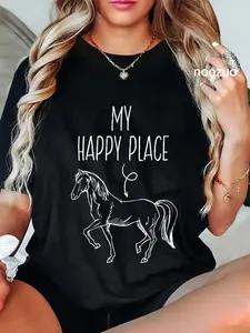 100% Cotton Unisex My Happy Place Horse Lover Gifts Horseback Riding Equestrian T-Shirt Casual Top