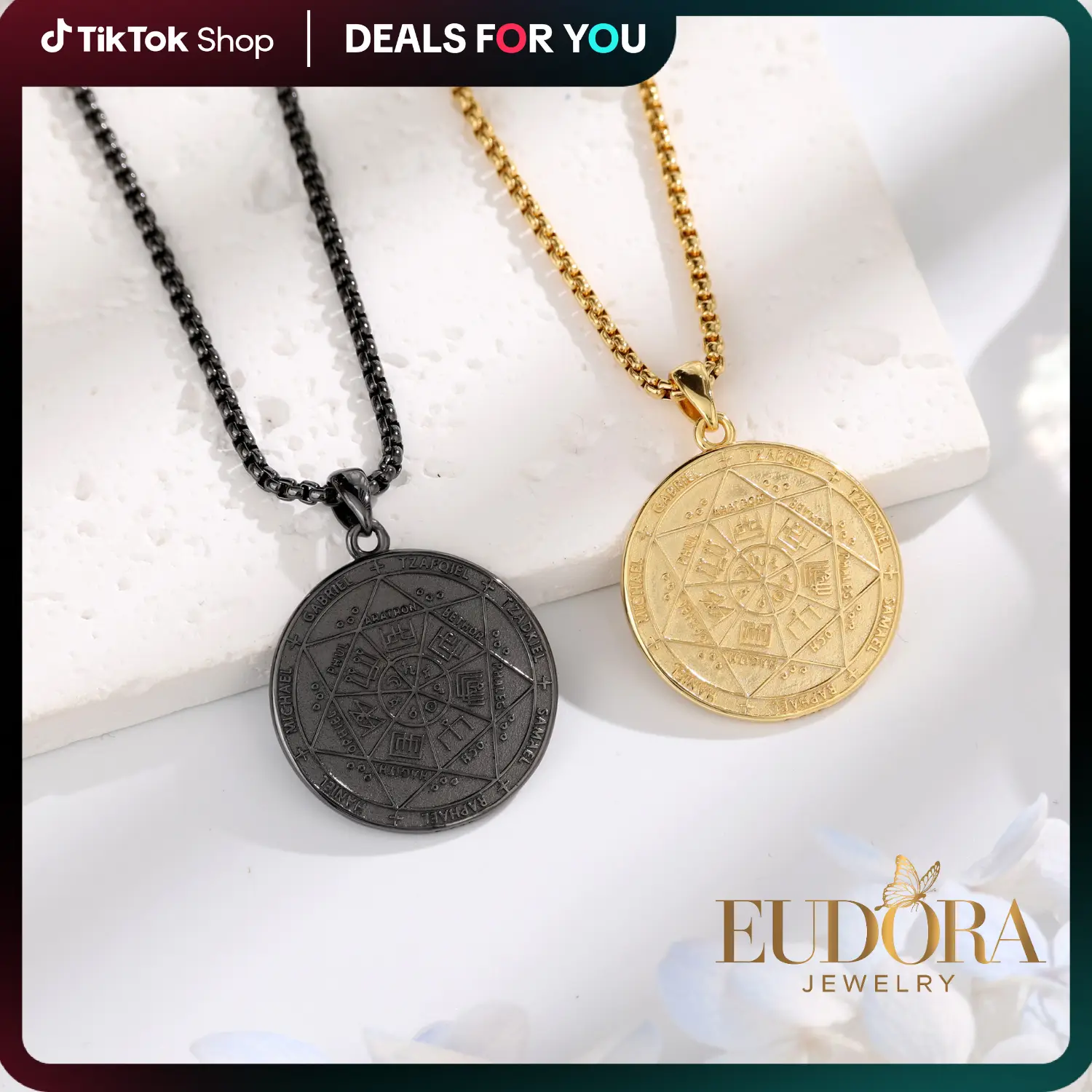 EUDORA Antique Seal of Seven Archangels Necklace, Protective Solomon Pendant, Archangel Michael Talisman Amulet, Spiritual Jewelry Gift For Men