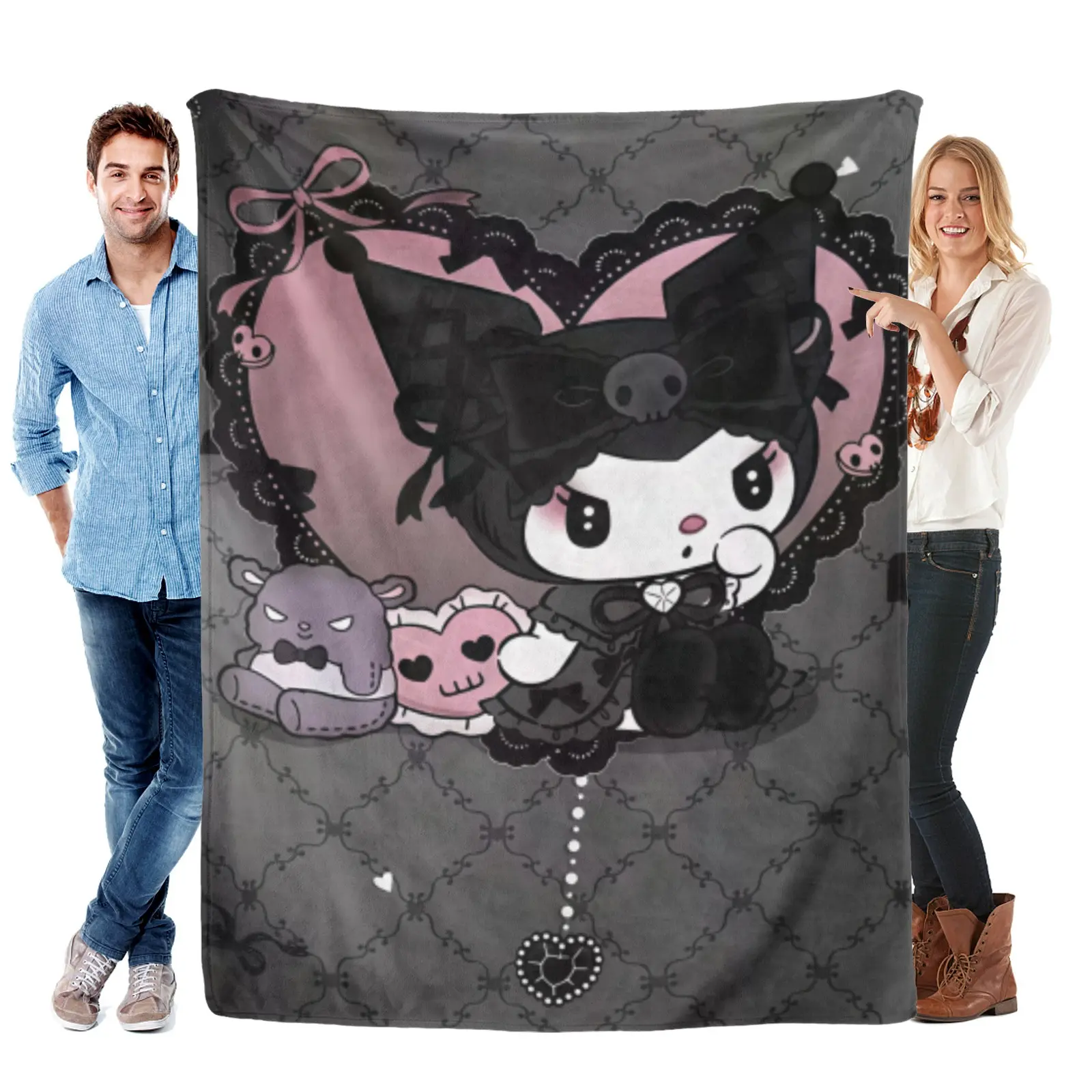 Sanrio Lolita Lace Kuromi Baku Blanket, Soft Fleece Throw Blanket, Pink Heart Frame For Couch Travel, Gifts For Goth Cutecore Kuromi Fans