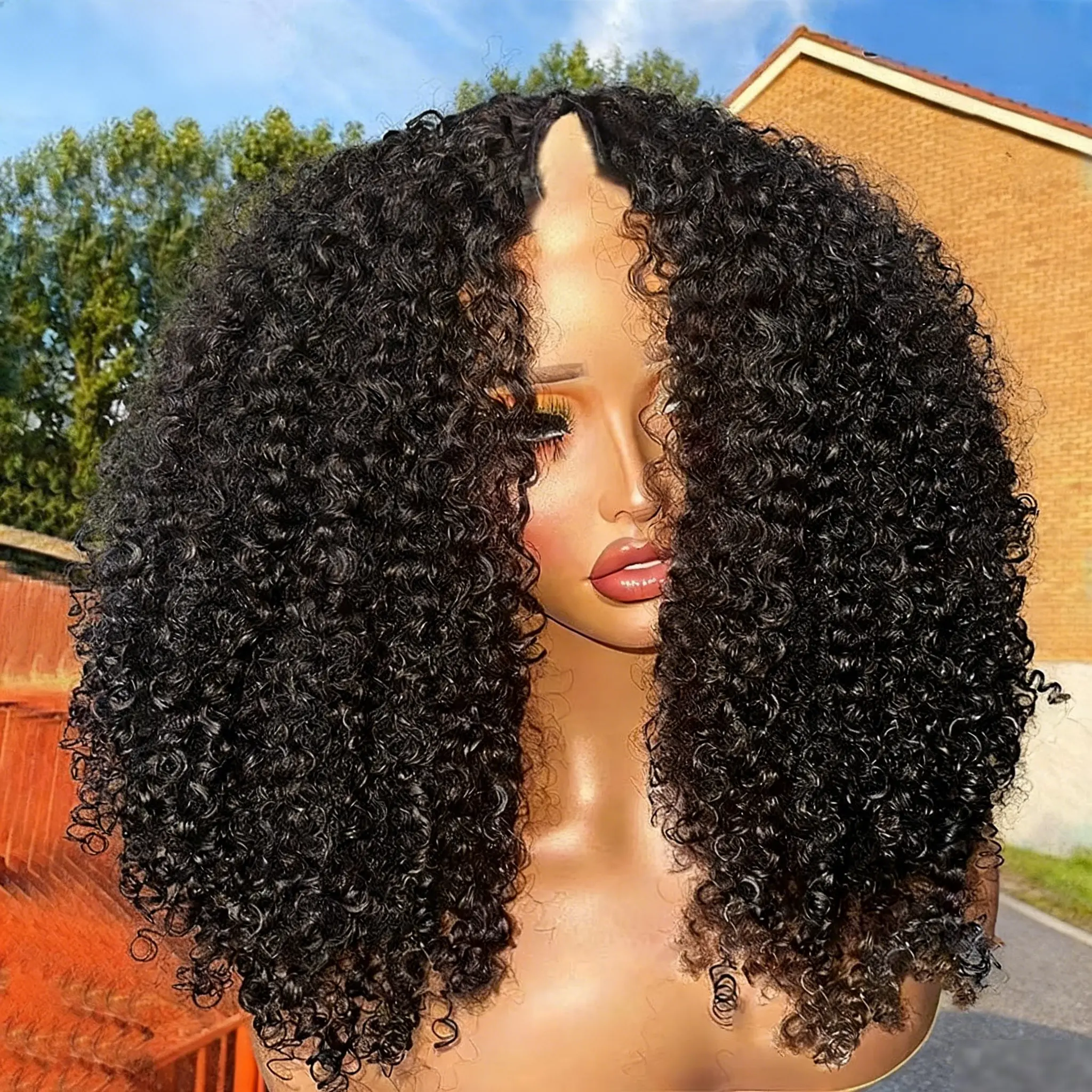 Afro Kinky Curly V Part No Leave Out Human Hair Wig 250% Density Brazilian U Part Human Hair Wigs For Black Women Adjustable Clips Ready-to-Wear