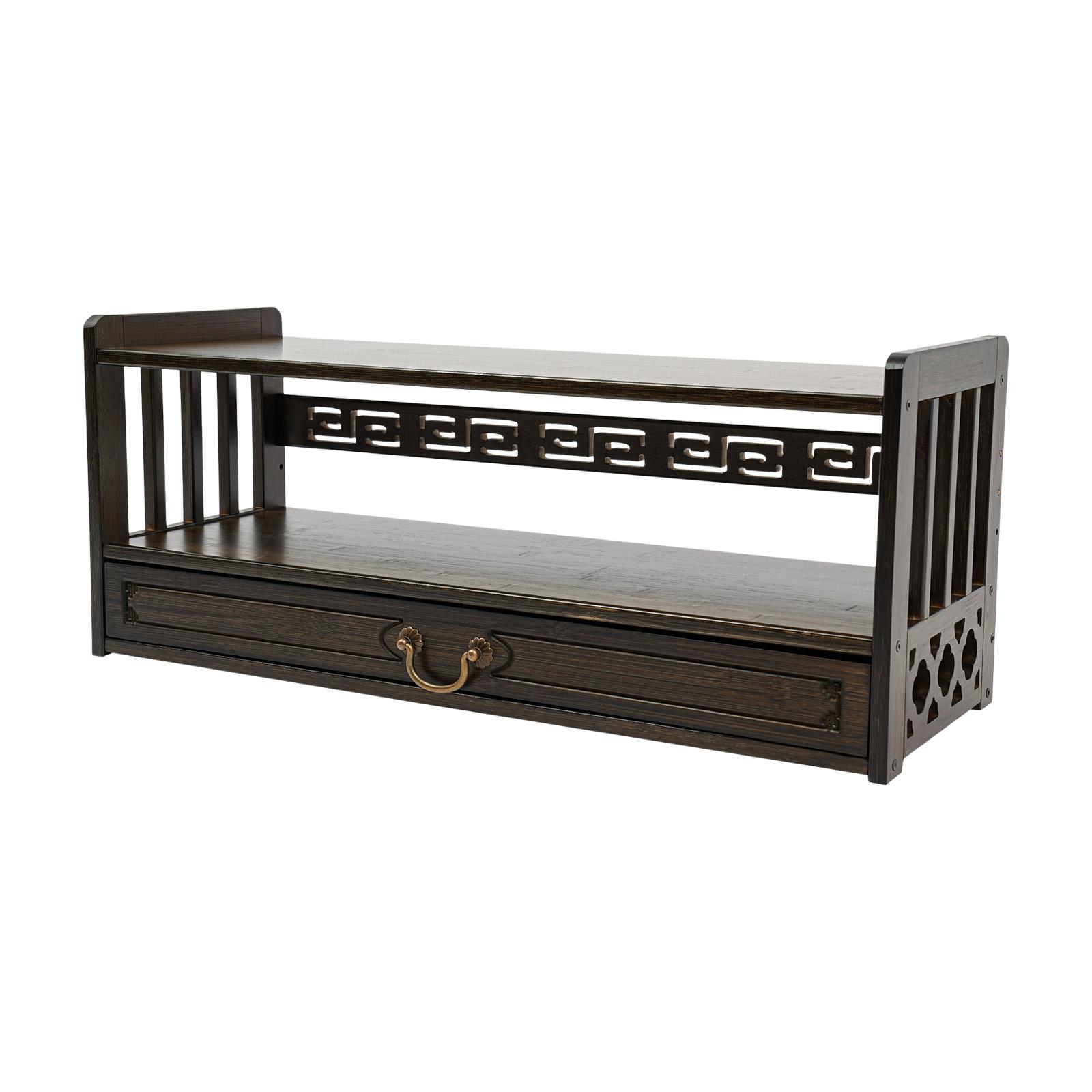 Carved Bamboo Storage Table with 2 Open Shelves & Drawer, 55 lbs Capacity Altar Table for Buddha Statue Meditation Bowl, Pooja Table for Prayer Rituals, Home Shrine Temple Living Room Furniture