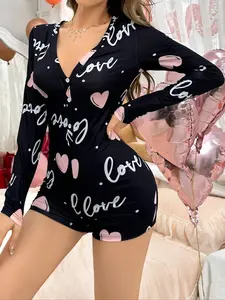 Women's Printed Button Long Sleeve Four-Season Sleepwear Onesie, Womenswear, Sexy Fitted Pajamas, Heart Pattern, All Seasons Pjs