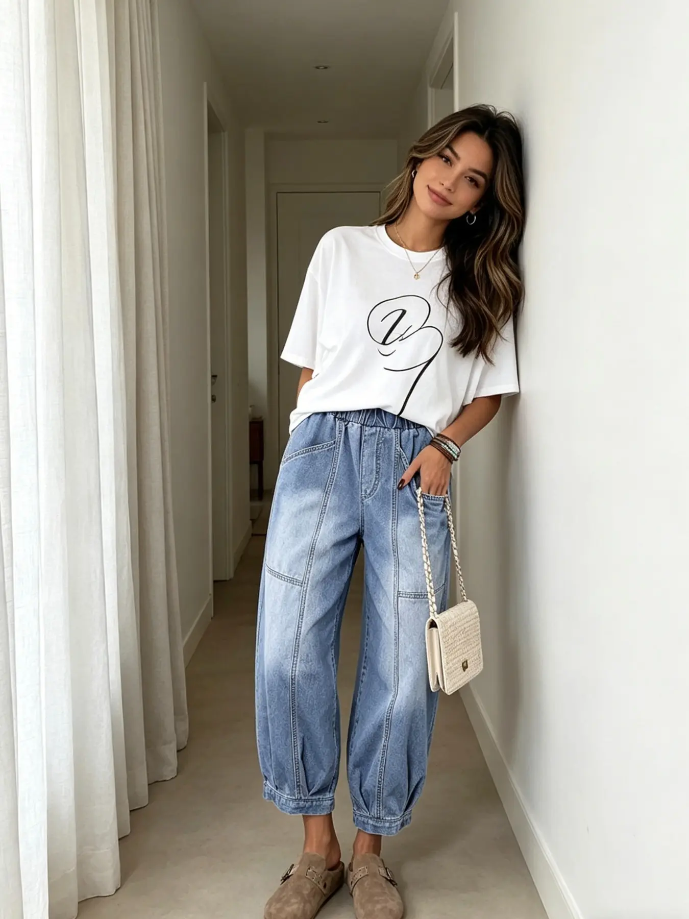 GILIPUR 1 Piece: Women's Casual Style Loose-Fit Denim Cotton Viscose Balloon Pants — Washed, Non-Stretch, Elastic-Waist 3/4-Length Jeans, Bottom