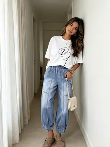 GILIPUR 1 Piece: Women's Casual Loose-Fit Cotton Denim Viscose Balloon Pants — Washed, Non-Stretch, Elastic-Waist 3/4-Length Jeans (Everyday Harem Style) — TChic
