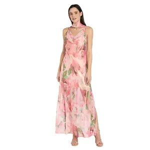 Floral Sheer Maxi Dress with Cowl Neckline, Side Slit & Matching Scarf - Petite