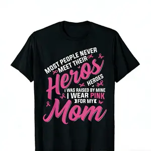 Supportive 'My Heroes I Wear Pink for My Mom' Breast Cancer Awareness T-Shirt - Soft Cotton Blend, Casual Fit, Round Neck, Short Sleeve - Black with Pink Ribbon & Butterfly Design, Sizes S-3XL, Awareness Apparel |  double  Retro  Vintage Metalcore Graphic