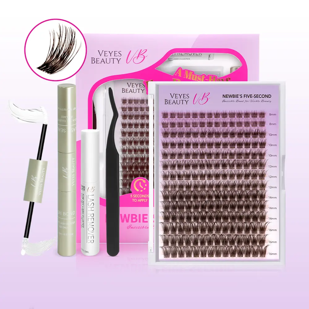 VEYESBEAUTY Dreamy-Brown Lash Cluster False Eyelashes & Adhesives Kit with Bond, Seal, Tweezer – Flawless DIY Volume Dramatic Lashes for At-Home Cosmetic Makeup Application, Diy Volume Eyelashes, Eyelash Clusters, Adults, Dense, Doll Eye Effect, Dreamy Br