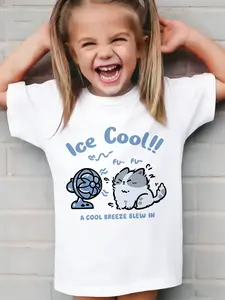 Girls' Ice Cool Cat T-Shirt, Cute Cartoon Fan Cat Print, Comfortable Soft Fabric, Summer for Kids, Casual Wear, Cartoon Print Tee, Graphic Tees