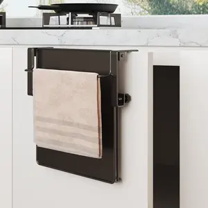 Metal Over Cabinet Door Towel Holder Rack Bar with Foldable Kitchen Counter Extender Shelf for RV, Camper (Black)