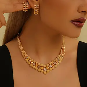 2pcs Women'S 24K Golden Plated Wedding Jewelry Set - Elegant Necklace, Earrings, Bracelet & Ring Set with Artificial Synthetic Synthetic Synthetic Synthetic Synthetic, Zirconia Accents For Weddings, Banquets & Valentine'S Day, Wedding Jewelry